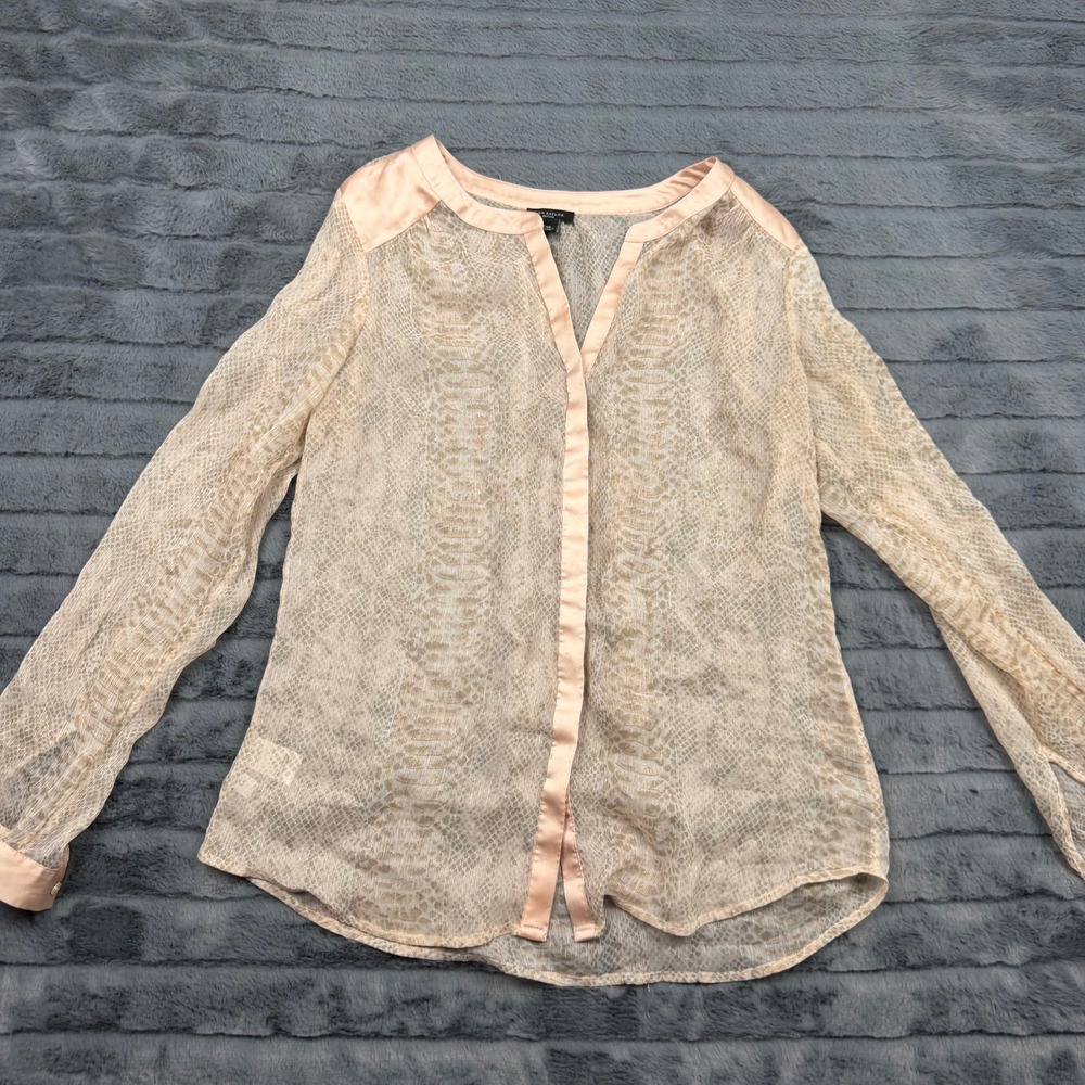 Ann Taylor Petite Snakeskin Print Blouse Neutral Satin Trim Split Neck SP